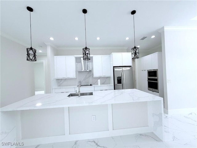 1312 Oak Ave, Lehigh Acres, FL 33972 - kitchen with stainless steel refrigerator with ice dispenser, a sink, wall chimney range hood, recessed lighting, and ornamental molding