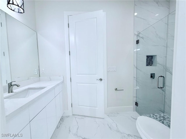 1312 Oak Ave, Lehigh Acres, FL 33972 - full bathroom featuring marble look tile flooring, a marble finish shower, vanity, baseboards, and toilet