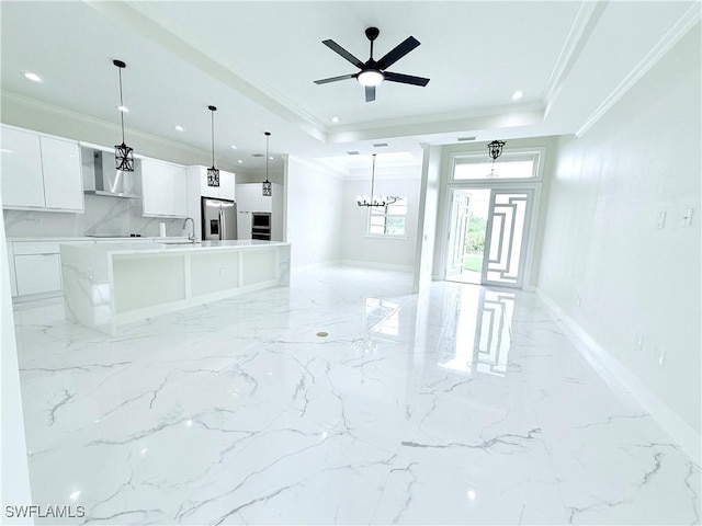 1312 Oak Ave, Lehigh Acres, FL 33972 - unfurnished living room with crown molding, recessed lighting, light marble finish floors, a sink, and a chandelier