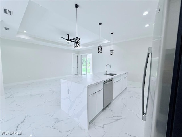 1312 Oak Ave, Lehigh Acres, FL 33972 - kitchen featuring stainless steel dishwasher, freestanding refrigerator, modern cabinets, a sink, and ceiling fan