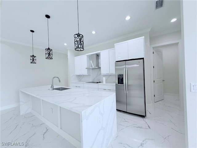 1312 Oak Ave, Lehigh Acres, FL 33972 - kitchen featuring stainless steel refrigerator with ice dispenser, a sink, wall chimney exhaust hood, baseboards, and light marble finish floors