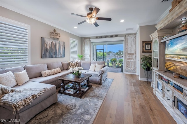 28268 Seasons Tide Ave, Bonita Springs, FL 34135 - living area with ceiling fan, crown molding, hardwood / wood-style flooring, and recessed lighting