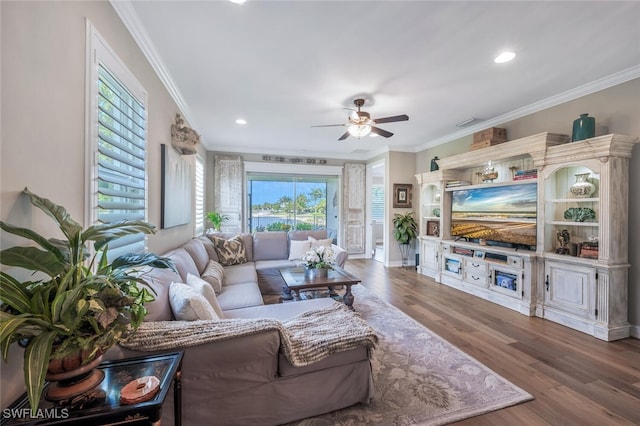 28268 Seasons Tide Ave, Bonita Springs, FL 34135 - living area featuring a ceiling fan, crown molding, wood finished floors, and recessed lighting