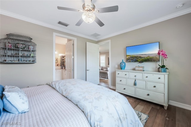 28268 Seasons Tide Ave, Bonita Springs, FL 34135 - bedroom featuring ornamental molding, dark wood finished floors, a ceiling fan, and connected bathroom