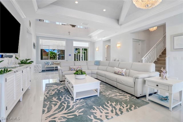 1070 Dana Ct, Marco Island, FL 34145 - living room with a chandelier, stairway, a tray ceiling, crown molding, and recessed lighting