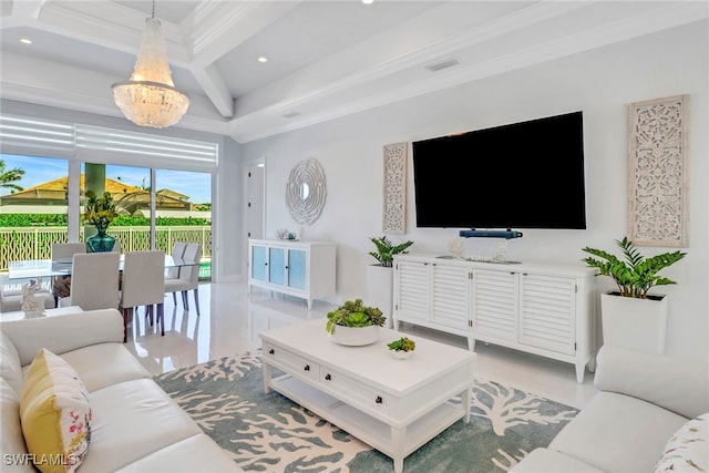 1070 Dana Ct, Marco Island, FL 34145 - living room with crown molding, a chandelier, recessed lighting, light tile patterned floors, and beamed ceiling