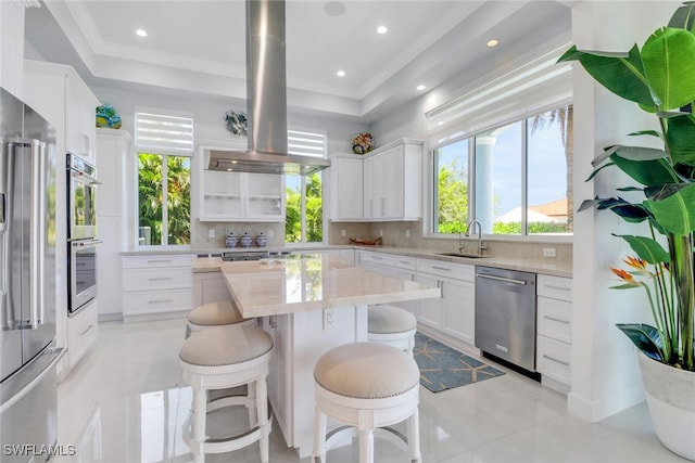 1070 Dana Ct, Marco Island, FL 34145 - kitchen featuring appliances with stainless steel finishes, a sink, island exhaust hood, a tray ceiling, and recessed lighting