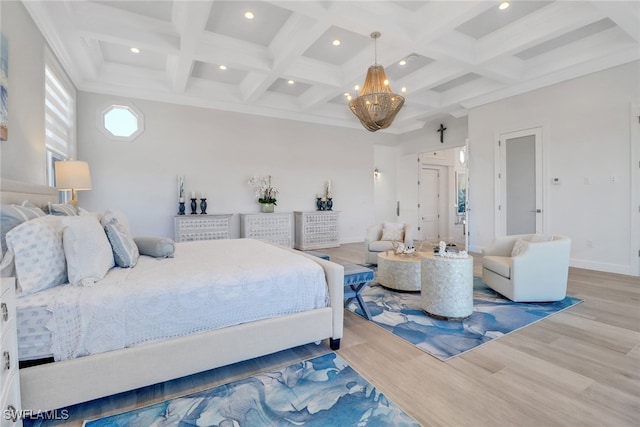 1070 Dana Ct, Marco Island, FL 34145 - bedroom featuring a chandelier, beam ceiling, wood finished floors, recessed lighting, and coffered ceiling