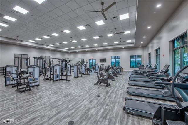 20665 Napa Loop, Estero, FL 33928 - gym featuring a towering ceiling, ceiling fan, a paneled ceiling, baseboards, and wood finished floors