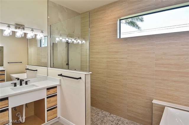 full bathroom featuring walk in shower and vanity