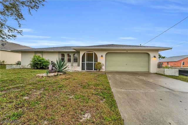 single story home with stucco siding, a garage, concrete driveway, and a front lawn