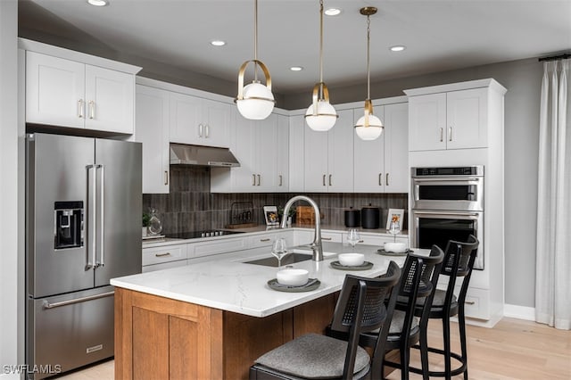9102 Wisteria Way, Naples, FL 34114 - kitchen featuring appliances with stainless steel finishes, a sink, under cabinet range hood, tasteful backsplash, and pendant lighting