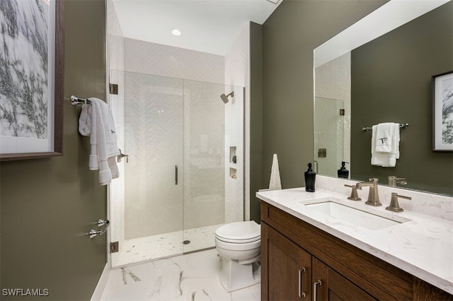 9102 Wisteria Way, Naples, FL 34114 - full bathroom featuring vanity, toilet, a stall shower, and marble look tiles