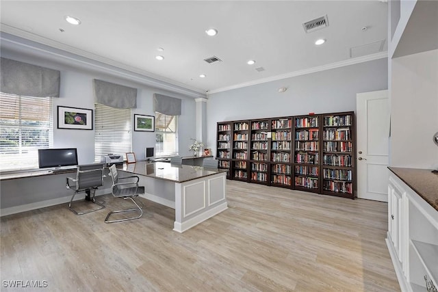 1786 Tarpon Bay Dr S Unit 102, Naples, FL 34119 - office area with ornamental molding, light wood-style floors, recessed lighting, and baseboards