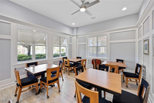 1786 Tarpon Bay Dr S Unit 102, Naples, FL 34119 - dining area featuring light wood-style flooring, ceiling fan, and recessed lighting