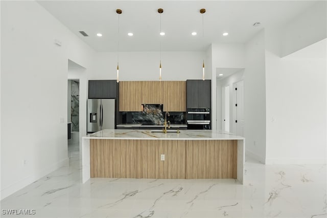 103 Chiquita Blvd N, Cape Coral, FL 33993 - kitchen featuring stainless steel fridge, light marble finish floors, modern cabinets, a sink, and baseboards