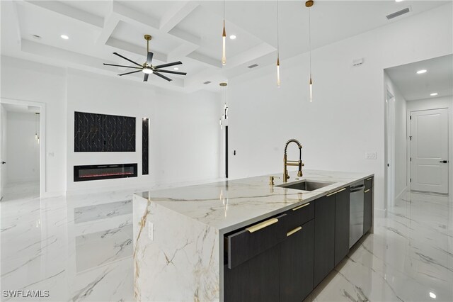 103 Chiquita Blvd N, Cape Coral, FL 33993 - kitchen with a sink, coffered ceiling, dark cabinetry, a center island with sink, and recessed lighting