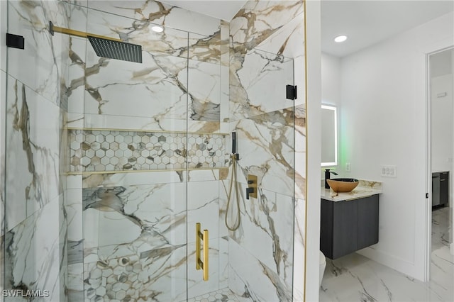 103 Chiquita Blvd N, Cape Coral, FL 33993 - full bathroom with vanity, a marble finish shower, marble finish floors, toilet, and recessed lighting