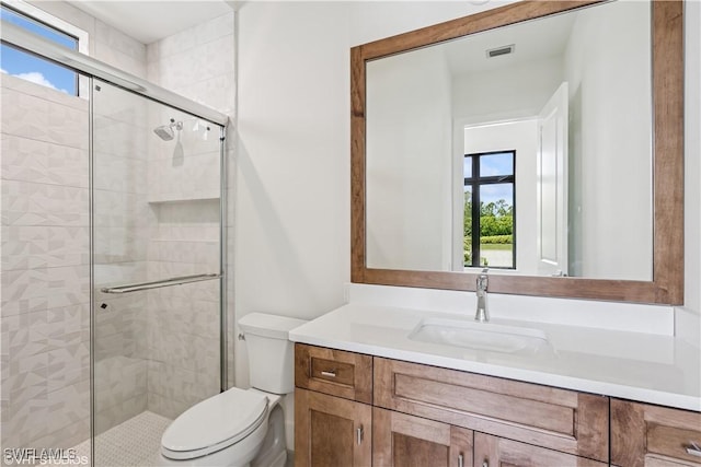 bathroom featuring healthy amount of natural light, a stall shower, toilet, and vanity