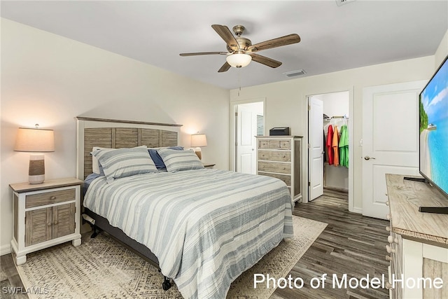 bedroom featuring a walk in closet, dark wood finished floors, baseboards, a closet, and a ceiling fan