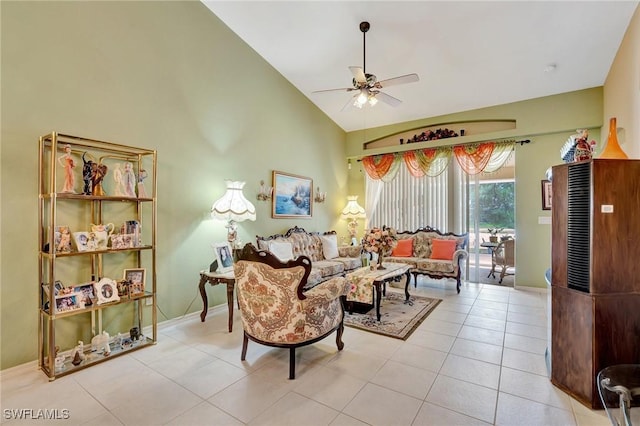 8012 Sivon Way Unit 902, Naples, FL 34119 - living area featuring a ceiling fan, lofted ceiling, light tile patterned flooring, and baseboards