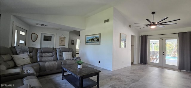 living room with vaulted ceiling, french doors, a ceiling fan, baseboards, and marble finish floors