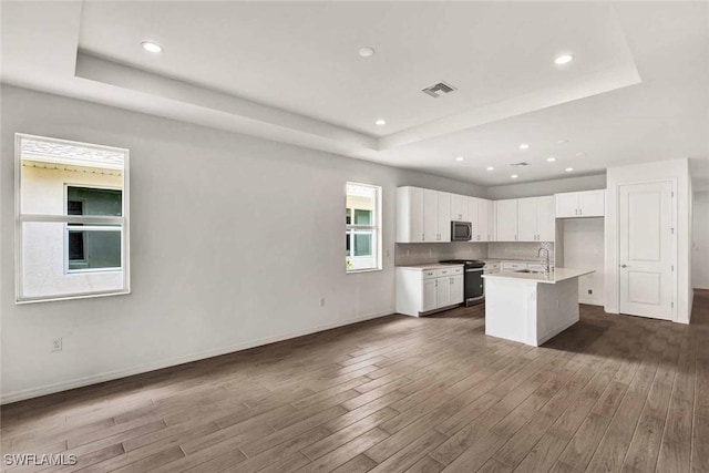 44311 Panther Dr, Punta Gorda, FL 33982 - kitchen with a tray ceiling, electric range, stainless steel microwave, dark wood-style floors, and recessed lighting