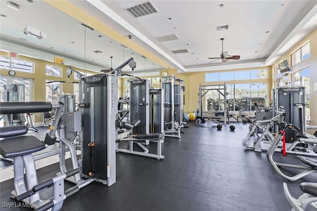 exercise room featuring a ceiling fan