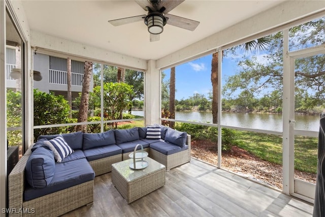 10115 Colonial Country Club Blvd Unit 2110, Fort Myers, FL 33913 - sunroom with a water view, an outdoor living space, a ceiling fan, and plenty of natural light