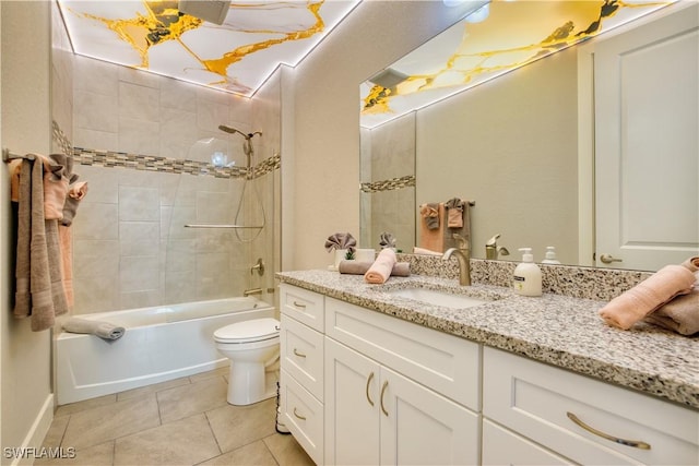 full bathroom with toilet, tile patterned floors, vanity,  shower combination, and baseboards