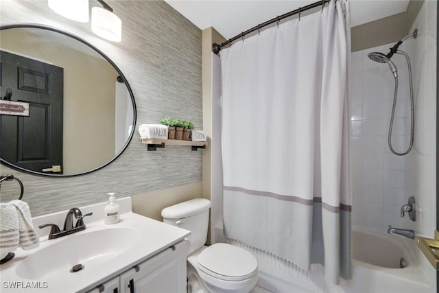 full bathroom featuring shower / tub combo with curtain, decorative backsplash, toilet, and vanity