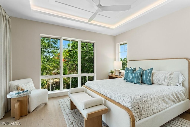bedroom with a tray ceiling, wood finished floors, and a ceiling fan