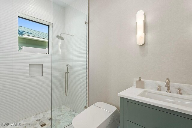 full bath featuring toilet, a walk in shower, and vanity