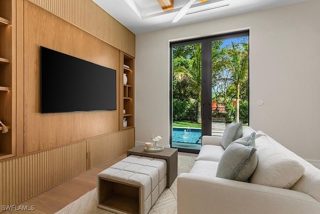 living area with built in shelves