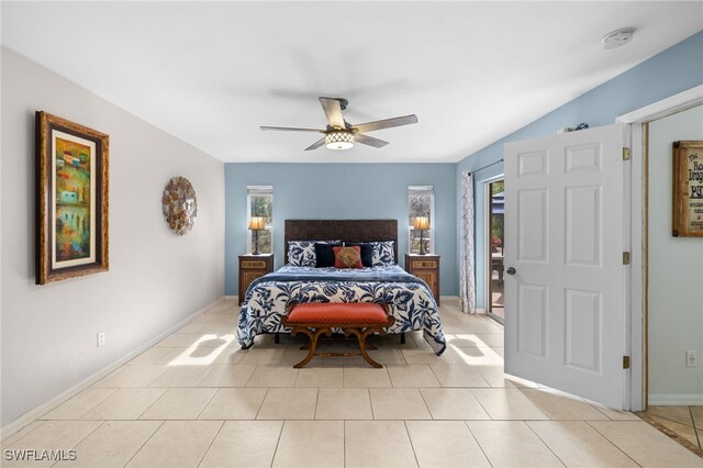 bedroom with baseboards, a ceiling fan, and light tile patterned floors