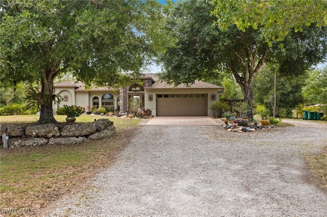 view of property hidden behind natural elements featuring gravel driveway, an attached garage, and stucco siding