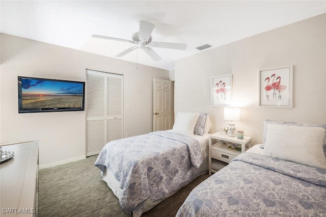 bedroom with carpet floors, a closet, baseboards, and ceiling fan