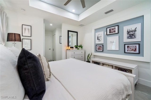 bedroom with recessed lighting, ceiling fan, and baseboards