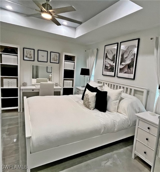 bedroom featuring concrete flooring, ceiling fan, and recessed lighting