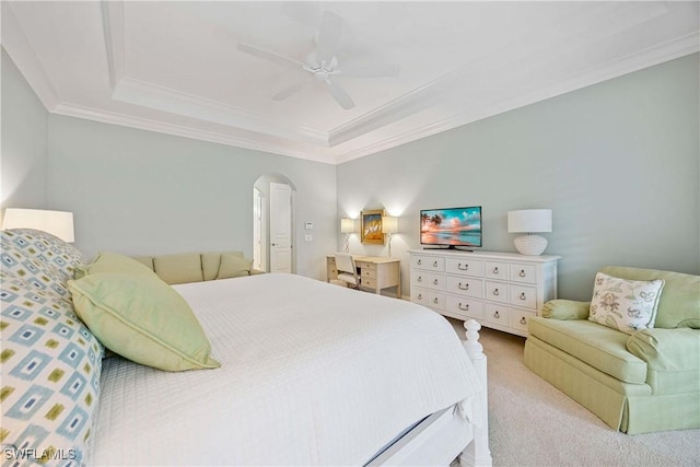 2745 Tiburon Blvd E Unit 102, Naples, FL 34109 - carpeted bedroom with a raised ceiling, ornamental molding, arched walkways, and ceiling fan