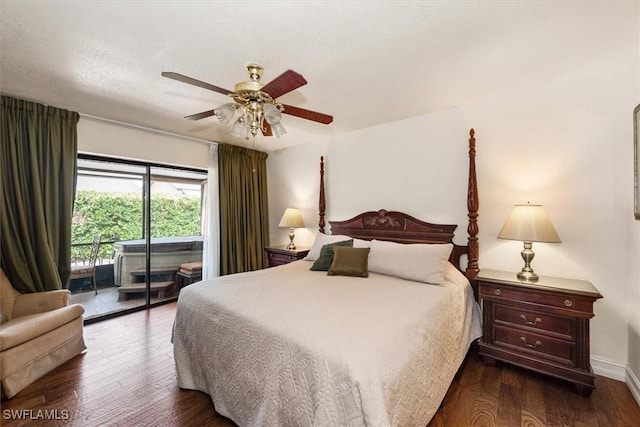 6721 Southwell Dr, Fort Myers, FL 33966 - bedroom with access to exterior, dark wood-type flooring, ceiling fan, and baseboards
