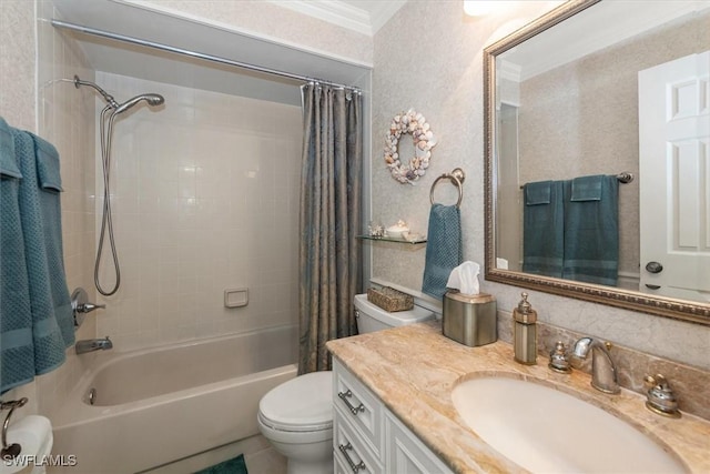 6721 Southwell Dr, Fort Myers, FL 33966 - full bathroom featuring toilet, ornamental molding, shower / tub combo with curtain, and vanity