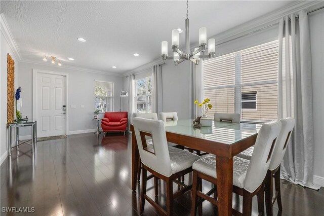 10361 Canal Brook Ln, Lehigh Acres, FL 33936 - dining space featuring a chandelier, crown molding, recessed lighting, and dark wood finished floors