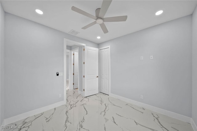 3800 11th St SW, Lee, FL 33976 - spare room featuring a ceiling fan, baseboards, light marble finish flooring, and recessed lighting