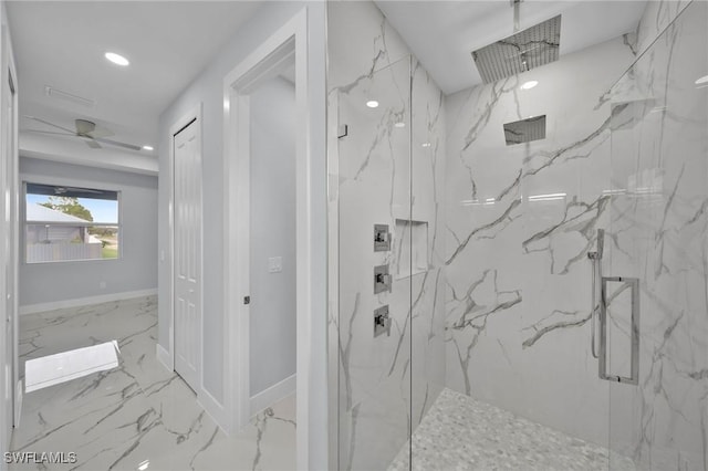 3800 11th St SW, Lee, FL 33976 - full bath featuring a marble finish shower, recessed lighting, marble finish floors, ceiling fan, and baseboards