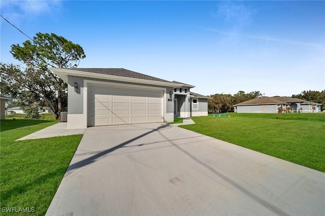 3800 11th St SW, Lee, FL 33976 - view of front of property with stucco siding, concrete driveway, a front yard, a garage, and central air condition unit
