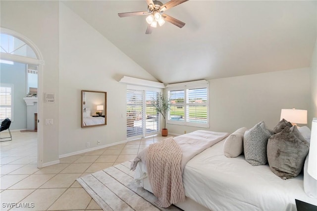 10334 Quail Crown Dr, Naples, FL 34119 - bedroom featuring light tile patterned floors, access to exterior, baseboards, ceiling fan, and high vaulted ceiling