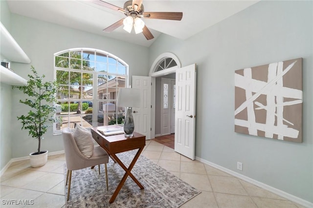 10334 Quail Crown Dr, Naples, FL 34119 - tiled dining space with an office area, a ceiling fan, and baseboards