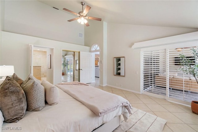 10334 Quail Crown Dr, Naples, FL 34119 - tiled bedroom featuring high vaulted ceiling, ensuite bathroom, ceiling fan, access to exterior, and baseboards