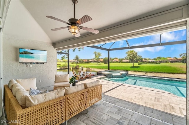 10334 Quail Crown Dr, Naples, FL 34119 - view of patio / terrace featuring an outdoor hangout area, a ceiling fan, a pool with connected hot tub, and glass enclosure